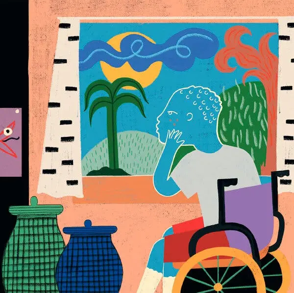 یک تصویر رنگی پسربچهای را نشان میدهد که در یک ویلچر در اتاق هنر نشسته و از طریق یک پنجرهٔ بزرگ به طبیعت نگاه میکند؛ دست بر چانه، در حال تأمل بر ایدههای هنری است.