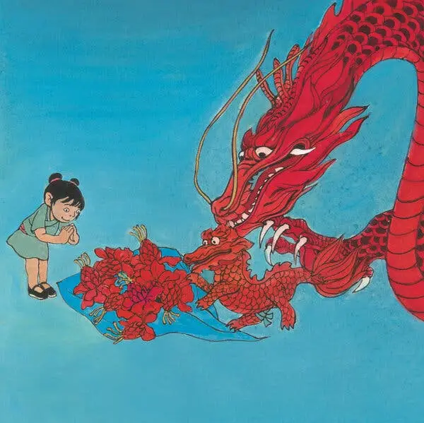 یک تصویر رنگی دختربچهٔ چینیای را نشان میدهد که برای اژدهای سرخ، به خاطر گلهای سرخی که روی پتو پیشاو پهن شدهاند، کج میشود؛ در حالی که پسرک کوچک اژدها (که او هم سرخ است) تماشا میکند.