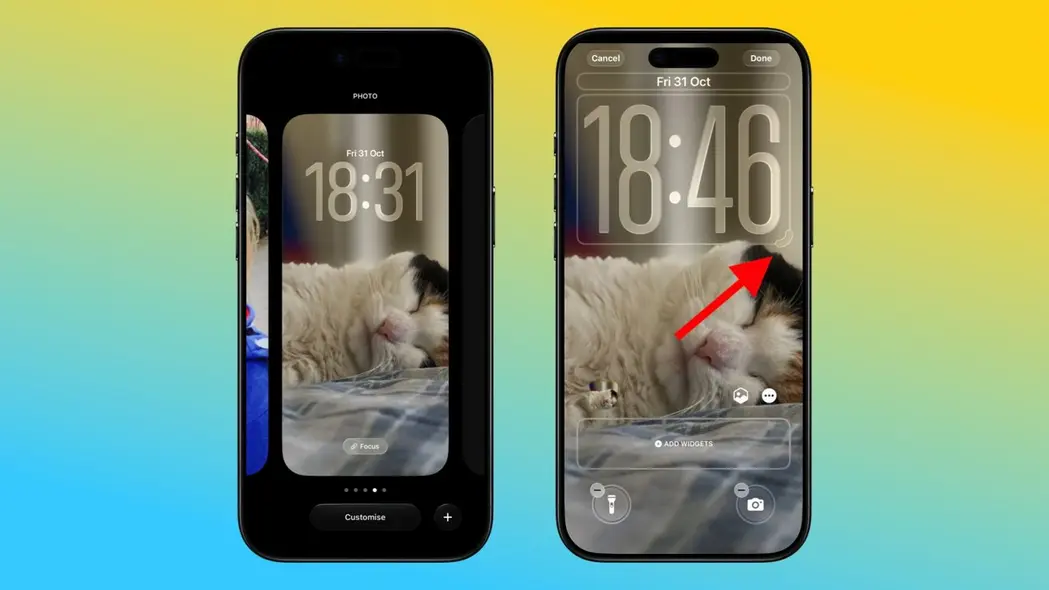دو گوشی هوشمند که صفحه قفل را با تصویر یک گربه خوابیده نمایش میدهند. زمان با فونت بزرگ نشان داده شده و گزینههای شخصیسازی و ویجت قابل مشاهده هستند. پسزمینه دارای طیف رنگی آبی و زرد است.