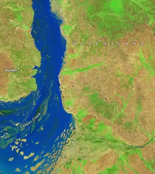 تصویر ماهواره‌ای که تحول شگفت‌انگیز نهر کوپر در کوئینزلند، استرالیا را به تصویر می‌کشد