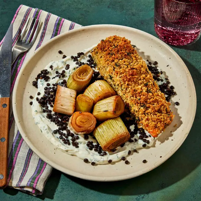 عکس سالمون سینی‌فر با قطعات تره بر روی بشقاب سرامیکی