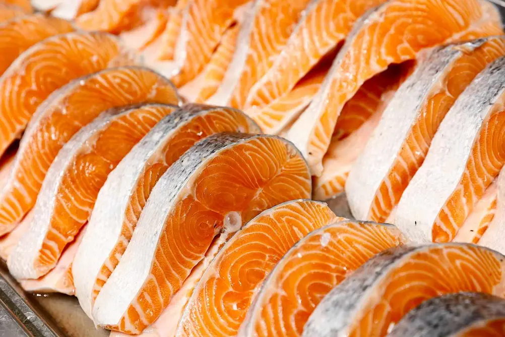 استیکهای تازه متنوع ماهی روی یخ