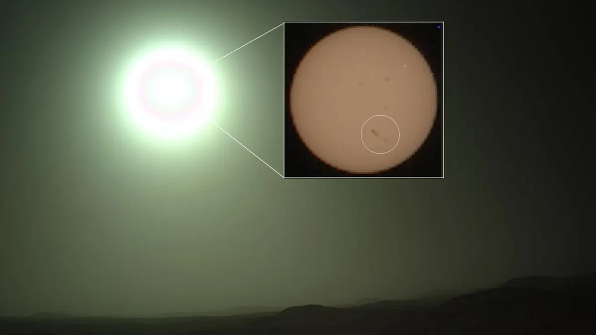 عکس خورشید گرفته‌شده توسط روبات Perseverance روی مریخ، به‌همراه نمای نزدیک از لکه خورشیدی در سمت دور خورشید